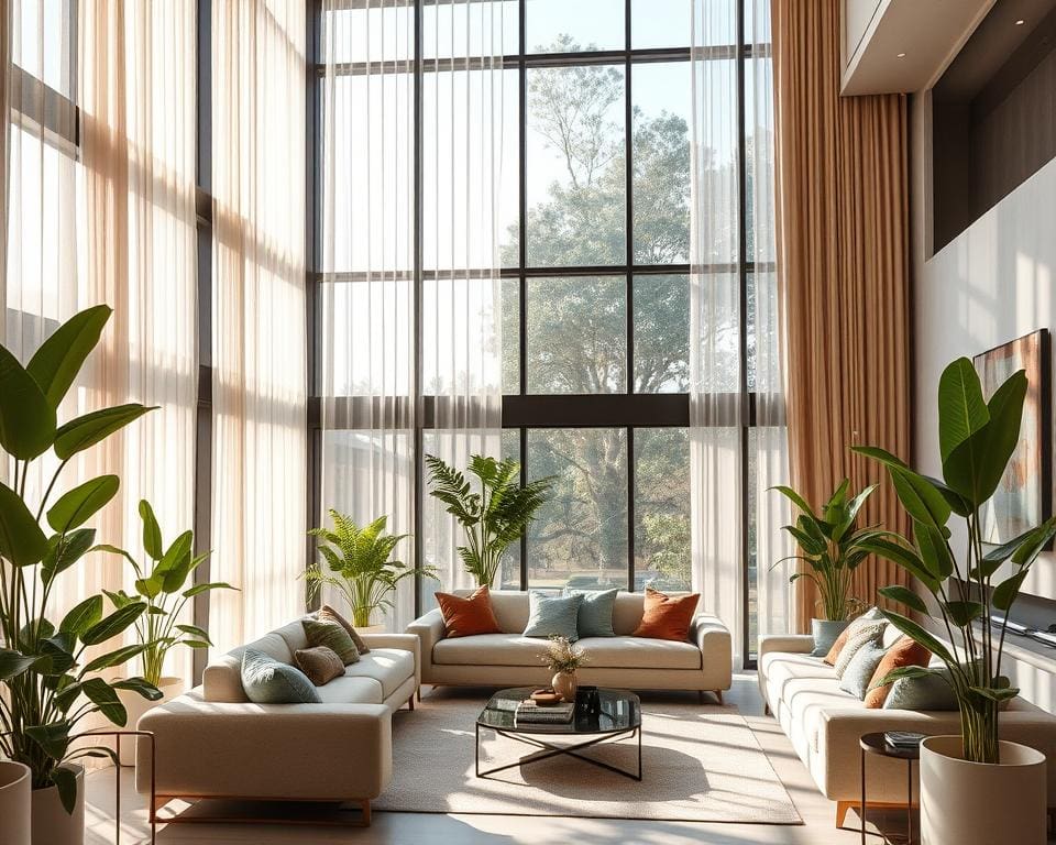 Fensterdekoration für große Glasfronten im Wohnzimmer