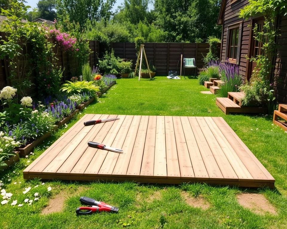 Holzboden verlegen im Garten