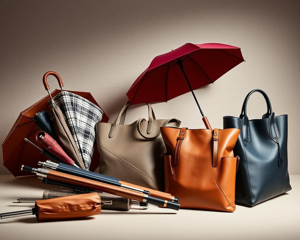 Regenzubehör mit stylischen Regenschirmen und wasserfesten Taschen